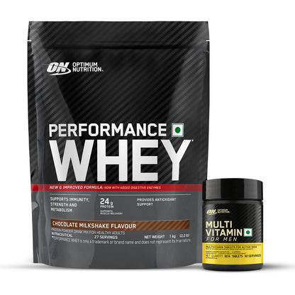 Performance Whey Protein Powder– 1Kg (Chocolate Milkshake) + Multivitamin for MEN- 60 Tablets