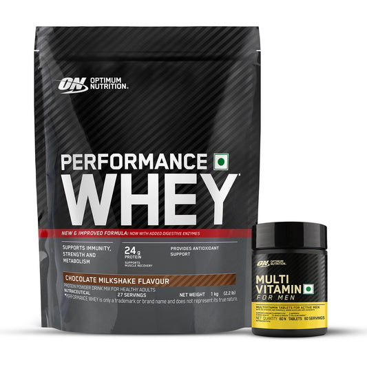 Performance Whey Protein Powder– 1Kg (Chocolate Milkshake) + Multivitamin for MEN- 60 Tablets