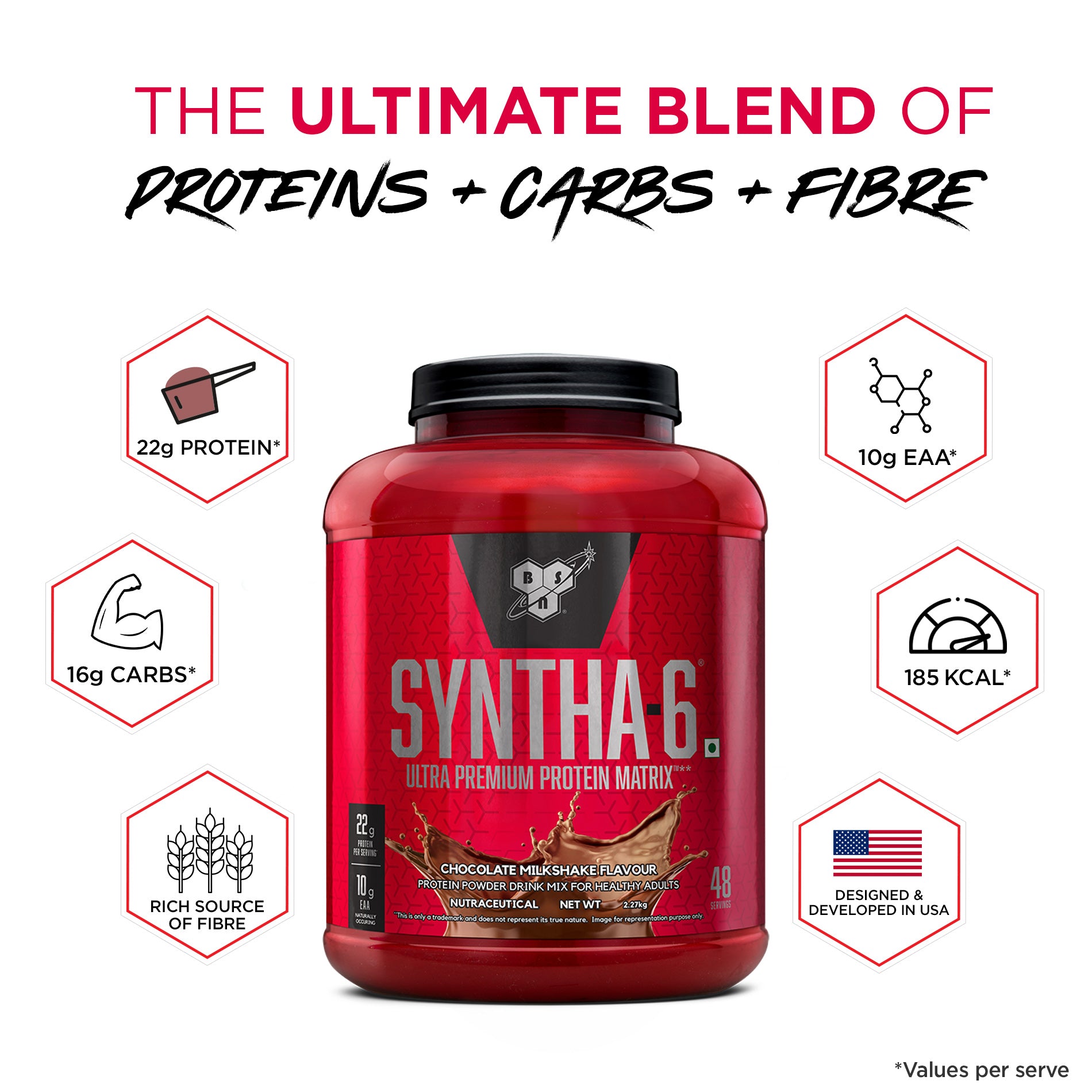 BSN Syntha 6 Protein Powder - 5 lbs, 2.27 kg (Chocolate Milkshake), Ultra Premium Protein Matrix (Whey Protein, Micellar Casein), for Muscle Recovery.