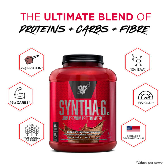 BSN Syntha 6 Protein Powder - 5 lbs, 2.27 kg (Chocolate Milkshake), Ultra Premium Protein Matrix (Whey Protein, Micellar Casein), for Muscle Recovery. BSN Syntha 6 Protein Powder - 5 lbs, 2.27 kg (Chocolate Milkshake), Ultra Premium Protein Matrix (Whey Protein, Micellar Casein), for Muscle Recovery.