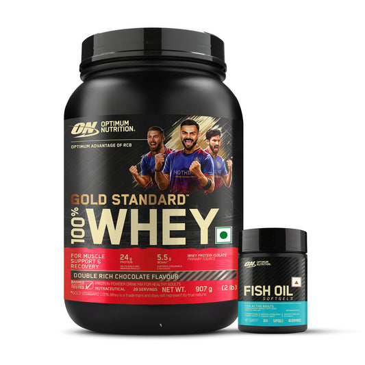 Gold Standard 100% Whey Protein Powder | Double Rich Chocolate | 2 lbs + Fish Oil - 60 Capsules