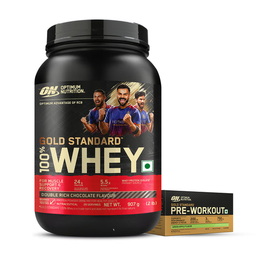 Optimum Nutrition (ON) Gold Standard Pre-Workout- 142.5g/15 single serve packs (Green Apple Flavor), For Energy, Focus, Power, Endurance & Performance and Gold Standard 100% Whey Protein Powder | Double Rich Chocolate | 2 lbs