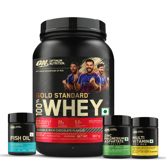 Gold Standard 100% Whey | 2 lbs | Double Rich Chocolate + Multivitamin for MEN- 60 Tablets + Zinc Magnesium Aspartate (ZMA) - 60 Capsules + Fish Oil - 60 Capsules