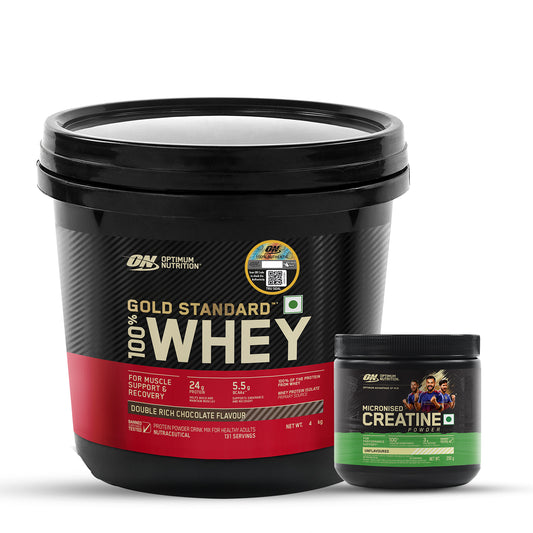 Gold Standard 100% Whey Protein Powder  Double Rich Chocolate  4 kg and Micronised Creatine Powder  Unflavoured  250 g